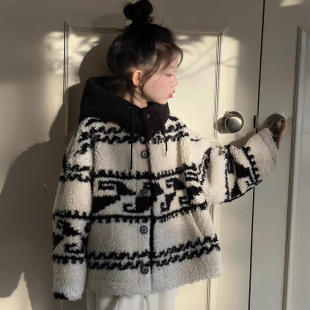 女童加绒外套秋冬款2025新款儿童加厚款羊羔毛上衣大童毛毛衣冬装