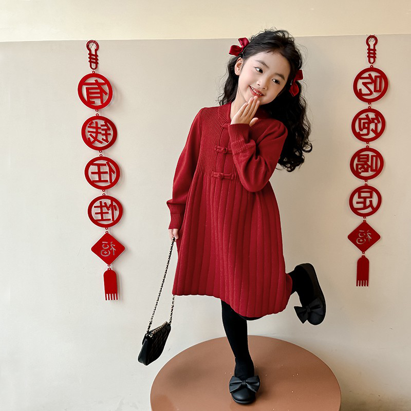 女童红色连衣裙2025新款冬装儿童中式公主裙周岁礼服秋冬女孩裙子