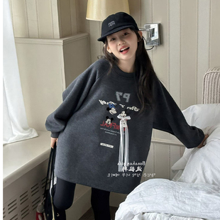 韩国女童一体绒加厚卫衣秋冬2025新款韩版中长款加绒上衣打底衫潮