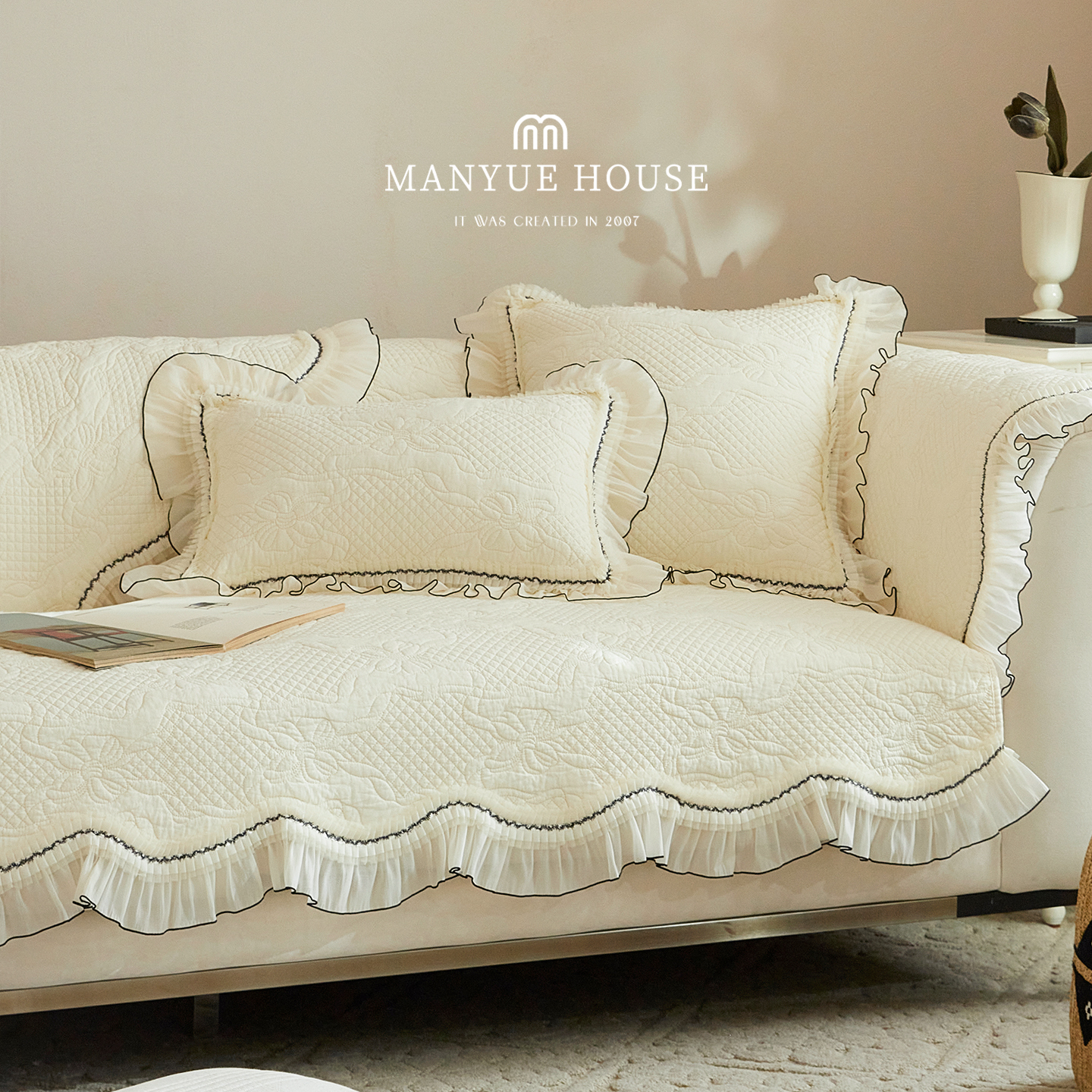 蔓越家蕾丝花边沙发垫全棉坐垫