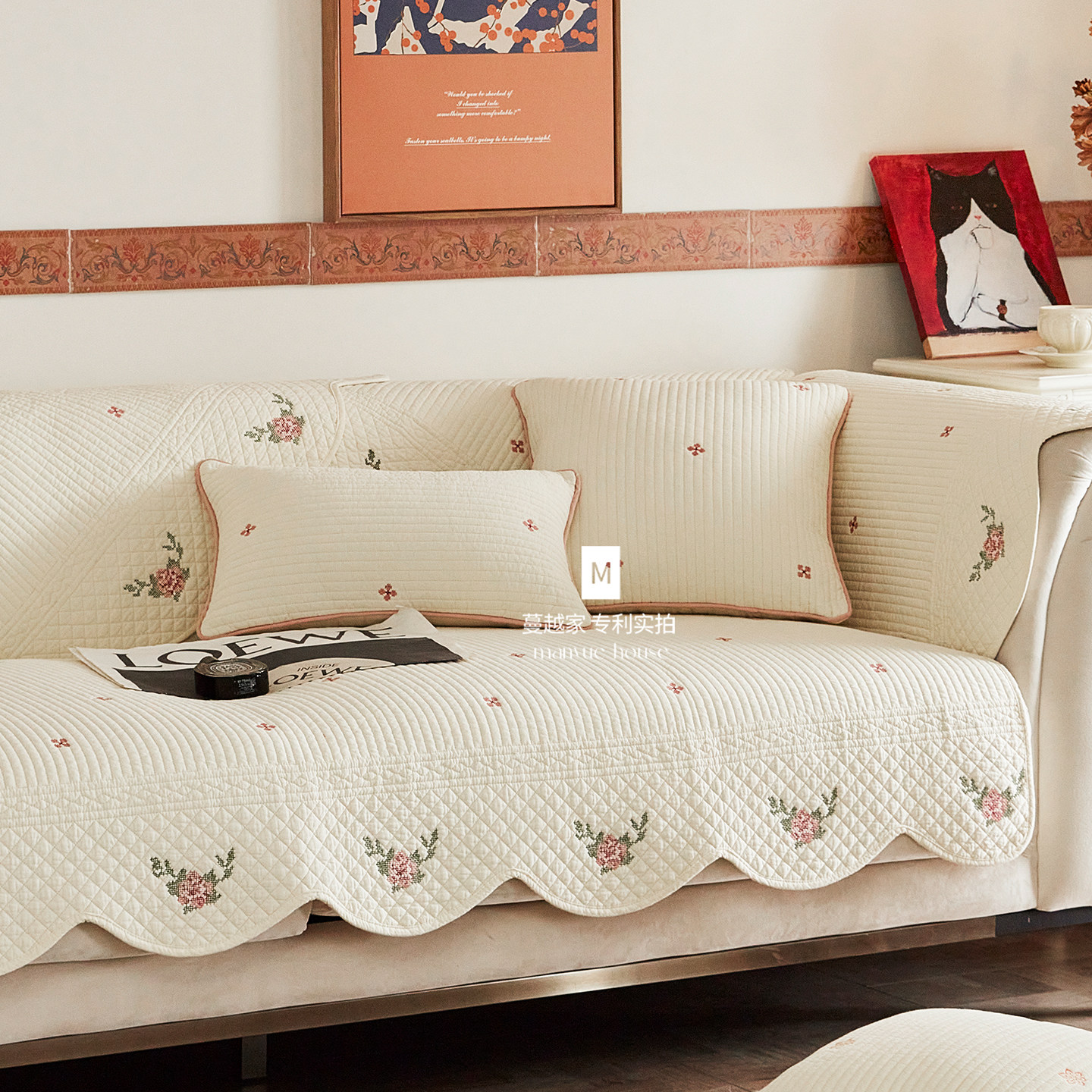 蔓越家 纯棉水洗棉 防滑沙发垫奶油色重工刺绣全棉沙发套罩巾坐垫,居家布艺,沙发垫,淘宝优惠券,粉丝福利购,淘宝优惠卷