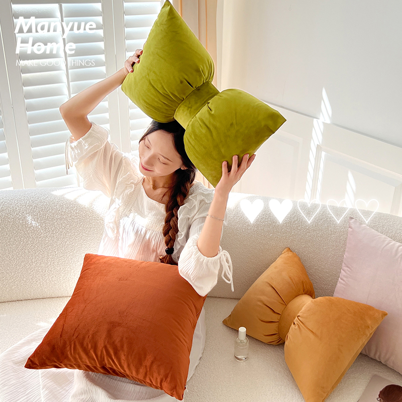 蔓越家 ins高级质感丝绒蝴蝶结抱枕抱枕套含芯客厅沙发靠垫靠枕套
