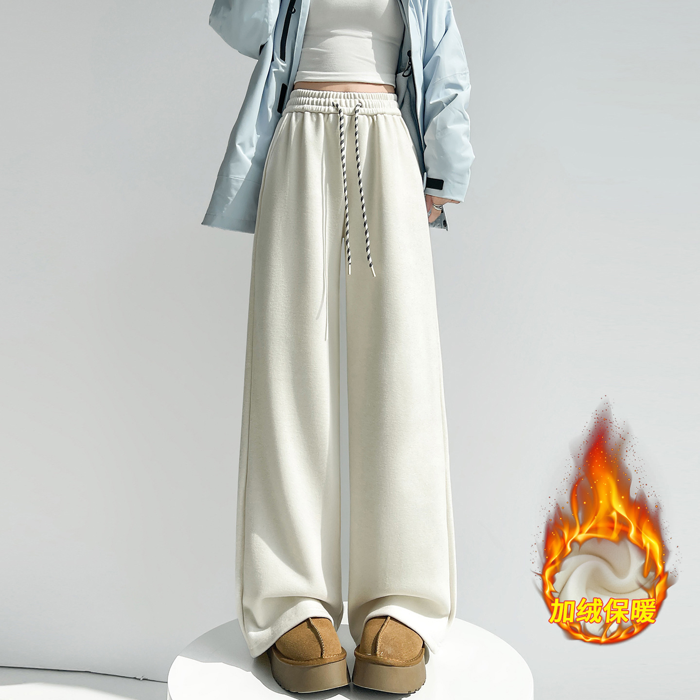 加绒加厚条纹阔腿裤女秋冬慵懒风高腰垂感休闲直筒针织遛弯裤