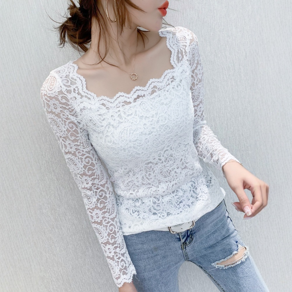 2025秋冬新款蕾丝方领长袖上衣女修身显瘦新款内搭打底衫时尚洋气