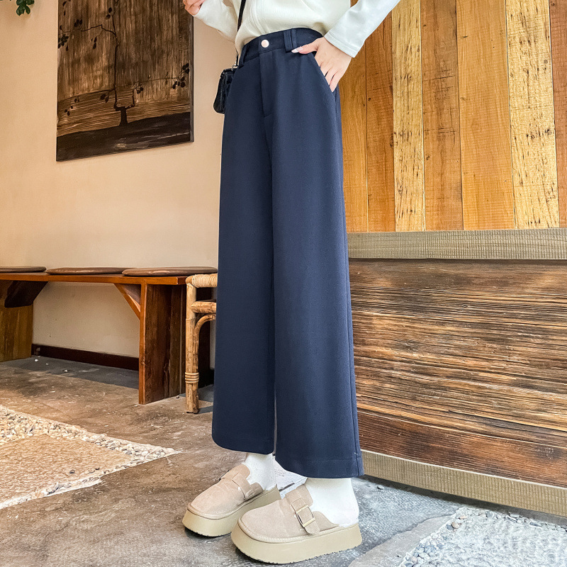 加绒加厚毛呢西装阔腿裤女秋冬季新款高腰显瘦休闲百搭直筒九分裤
