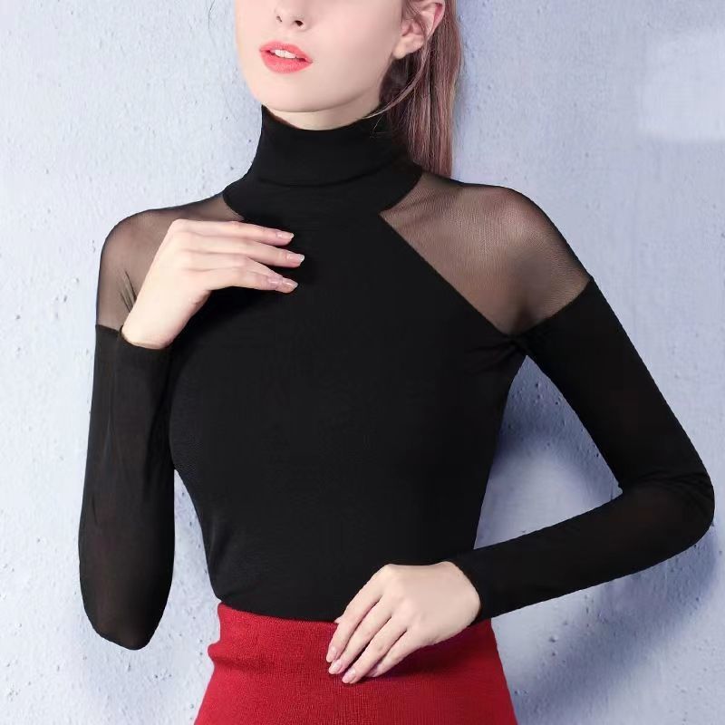 春秋新款黑色网纱拼接薄款打底衫女长袖修身时尚百搭t恤内搭上衣
