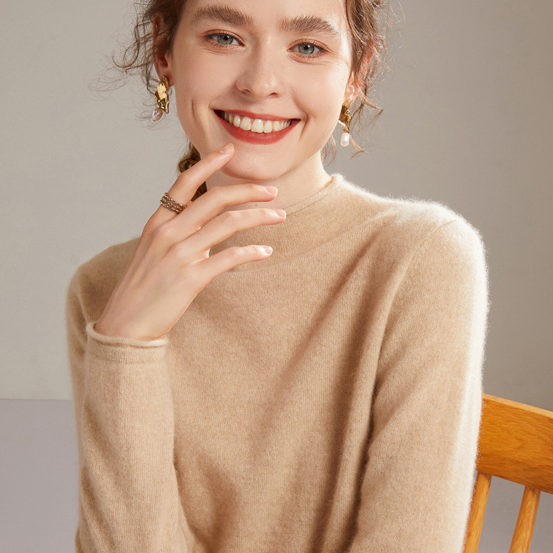 秋冬新款卷边半高领羊绒衫女100纯山羊绒短款套头打底毛衣针织衫
