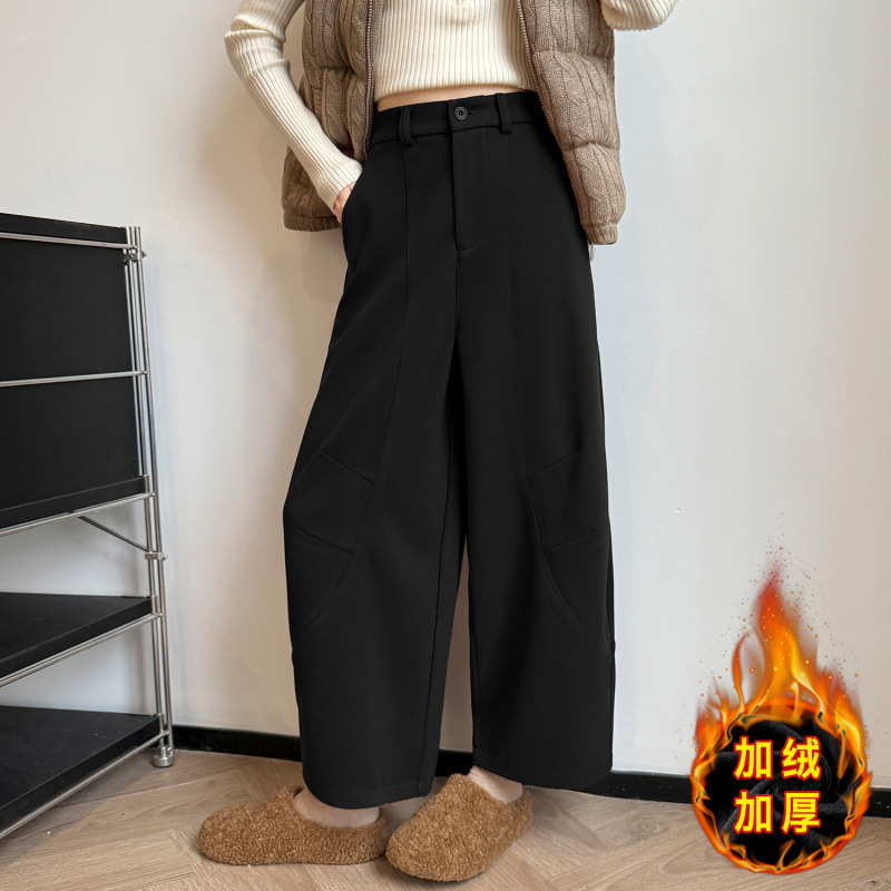黑色九分阔腿裤女秋冬加绒2025毛呢高腰弯刀裤休闲慵懒松弛感裤子