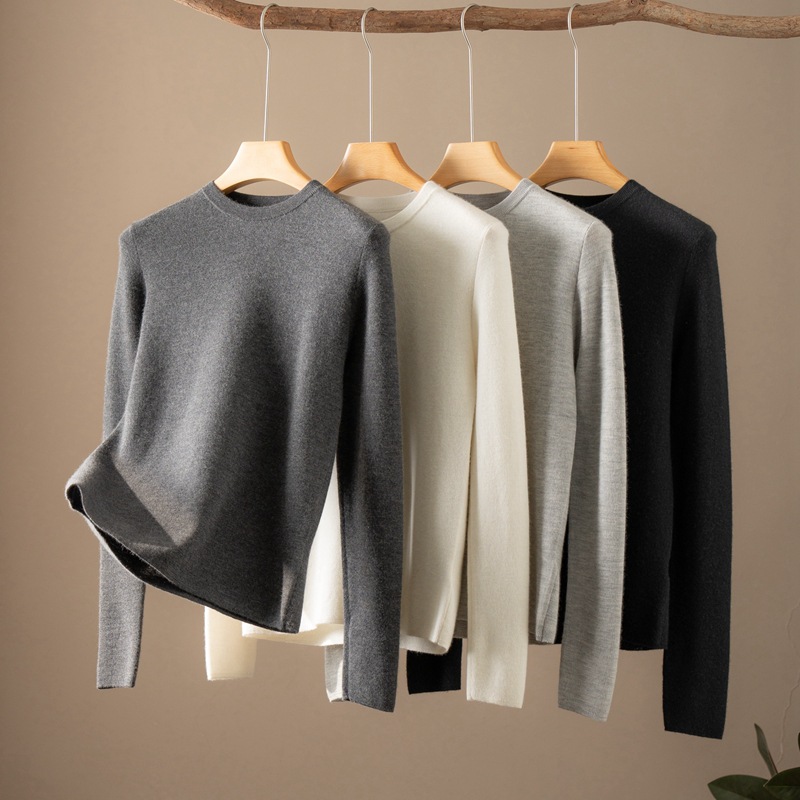 80支精纺100%山羊绒圆领套头衫厚款修身显瘦长袖百搭型针织打底衫