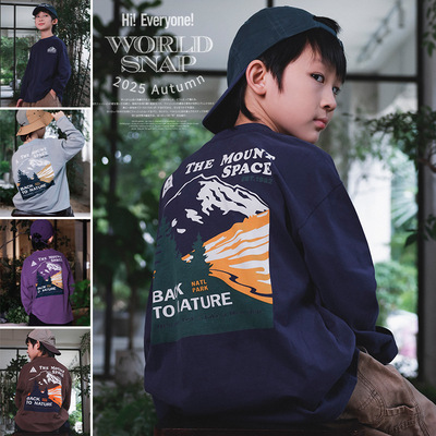 儿童纯棉T恤2026春季款男童户外露营风长袖宽松圆领上衣大童衣服