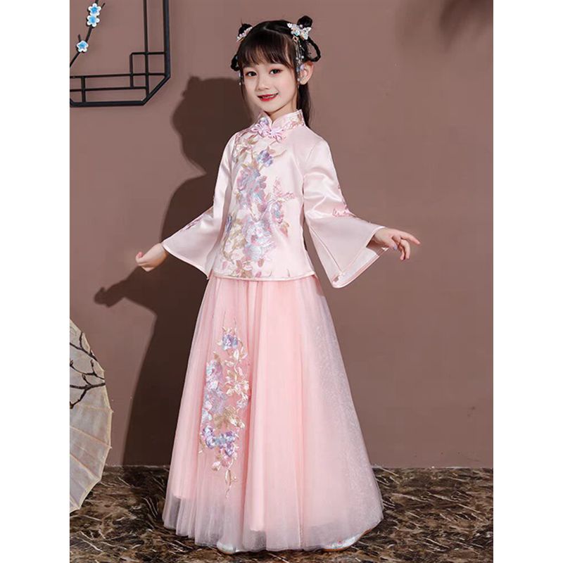 女童秋季古风汉服公主裙粉色图片