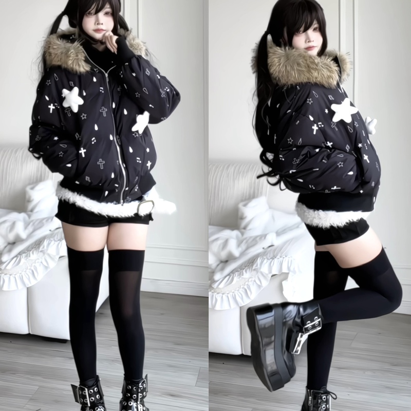 次时代/二次元可爱印花亚文化毛绒领五角星短款面包服棉服外套