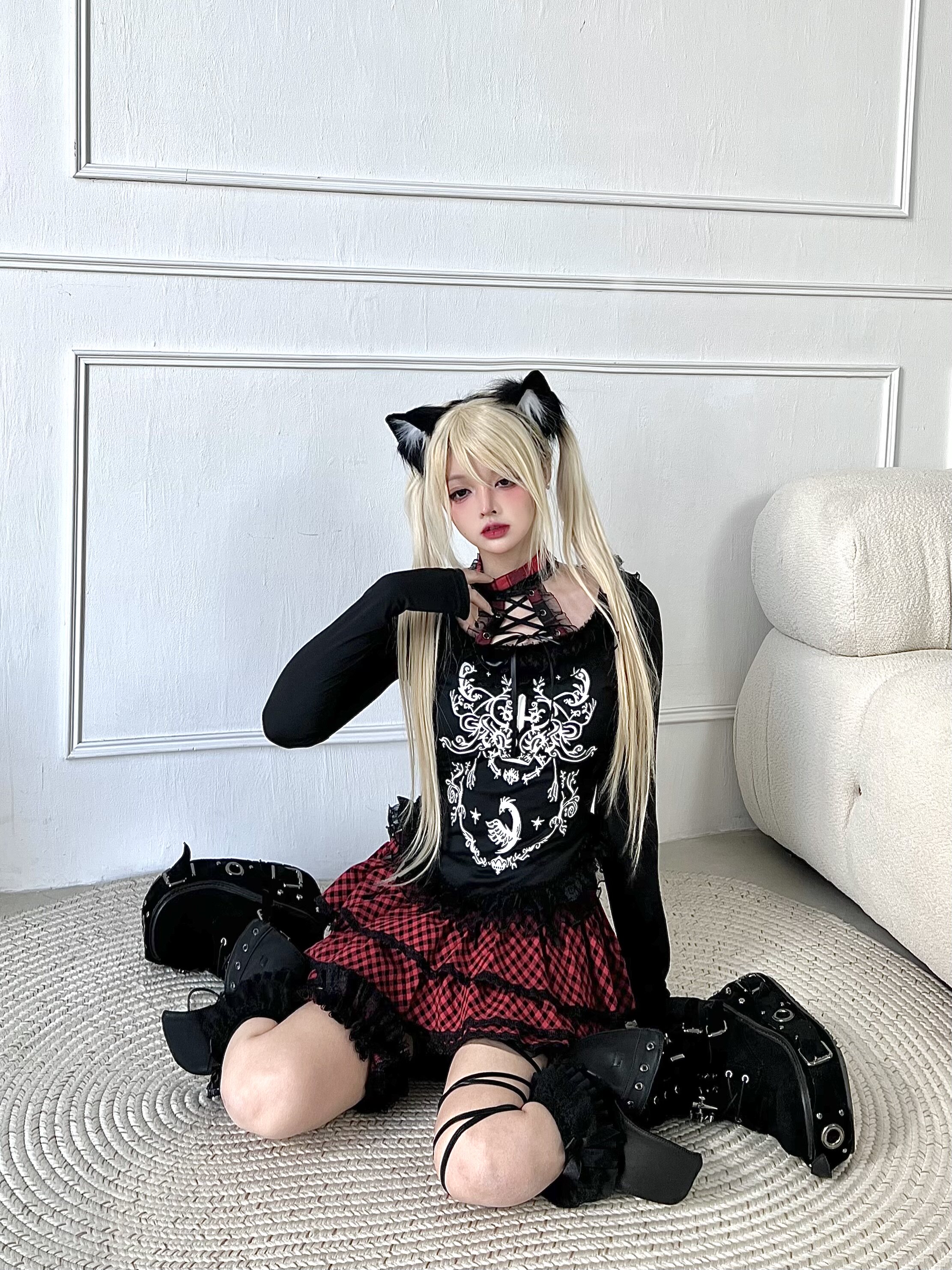 次时代/黑红小猫 黑白印花绑脖项圈显瘦弹力蕾丝辣妹修身T恤