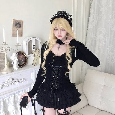 次时代/设计感蕾丝拼接蝴蝶结绑带修身女显瘦亚文化长袖T恤