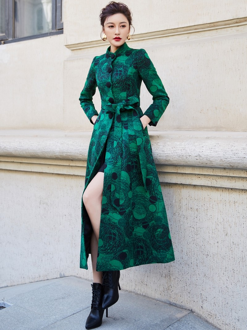 2023春季羊绒大衣韩版毛呢外套女气质印花修身立领羊毛呢子超长款