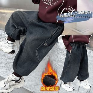 男童女童加绒牛仔裤秋冬款加厚束脚裤儿童冬季休闲长裤宽松潮酷