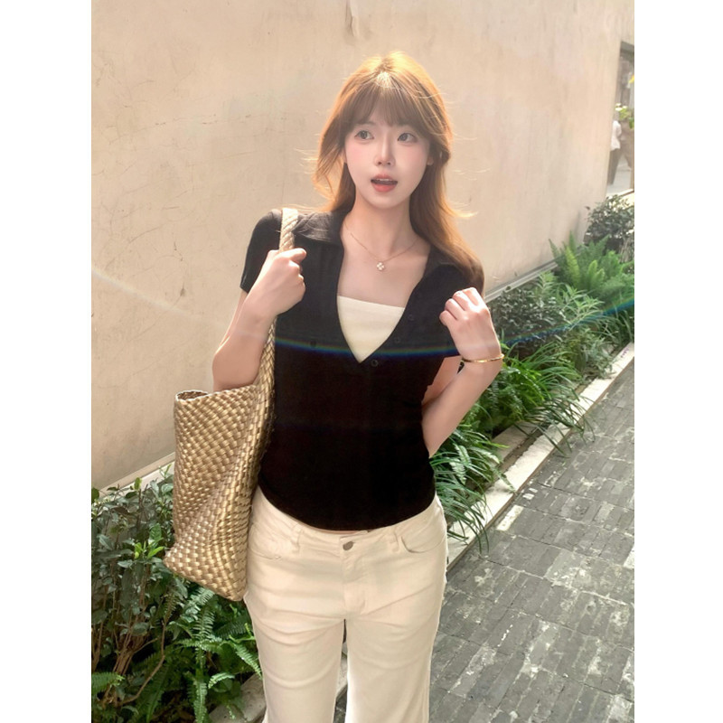 韩系撞色假两件Polo领短袖T恤女夏季小众简约设计感显瘦百搭上衣