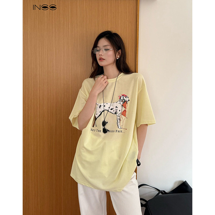 INSS韩式复古斑点狗印花短袖T恤女宽松百搭休闲慵懒风上衣
