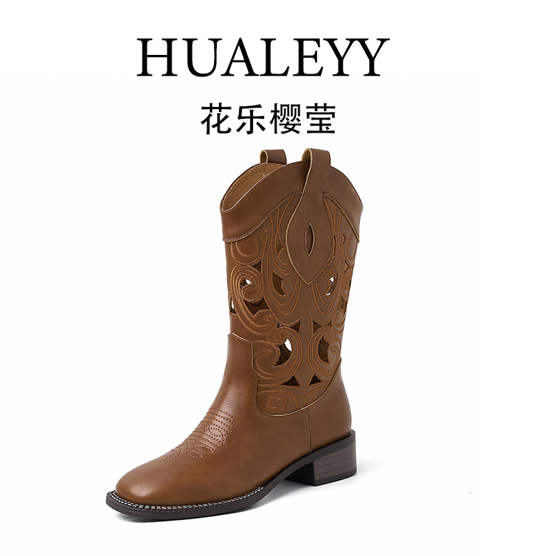 HUALEYY 3.5CM/34-39/牛皮/真皮手工刺雕花短靴西部牛仔靴骑士靴