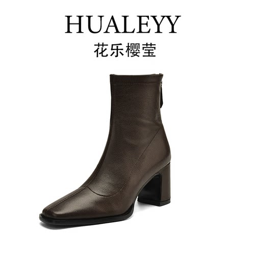 HUALEYY 6.5CM/33-40/头层羊皮/瘦瘦短靴粗跟弹力靴女靴百搭单靴