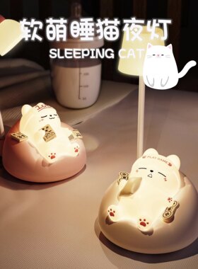 软萌睡猫小夜灯LED充电台灯卡通猫咪造型护眼灯暖光白色