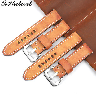 手工擦色黄棕色真牛皮表带18 20 22 24mm粗缝线真皮手表带配件