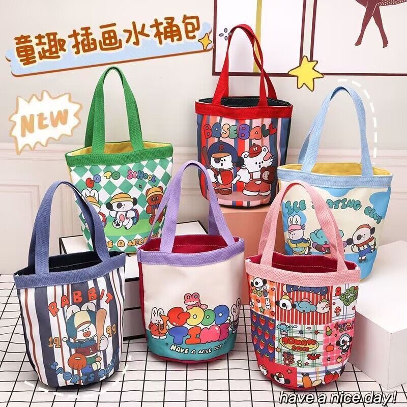 上班族可携式手提袋帆布水桶包可爱水桶型手拎便当包宝妈外出手提