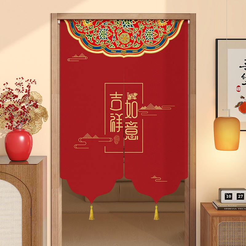 新款门帘隔断帘红色中国风半截式免打孔卧室房间遮挡帘卫生间布帘