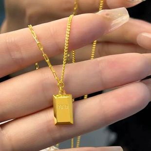 新款小众设计沙金黄金项链高级感暴富小金砖套链女轻奢不掉色金色