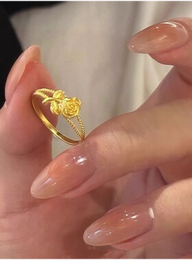 沙金饰品玫瑰花戒指女仿真黄金色小众轻奢高级感设计食指戒送女友