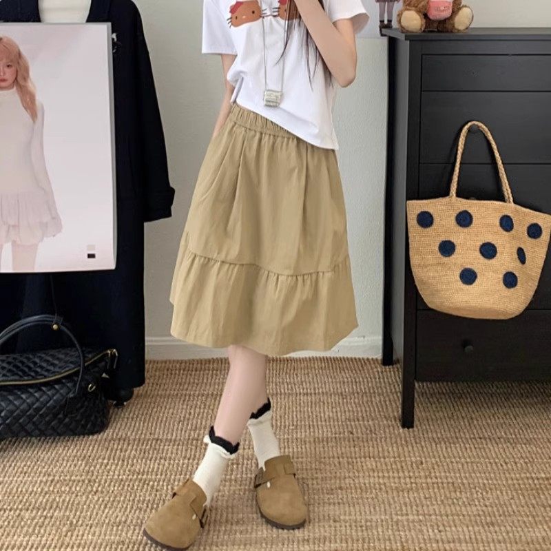 复古卡其色miu系中裙女夏季款慵懒百搭宽松显瘦蓬蓬半身裙a字伞