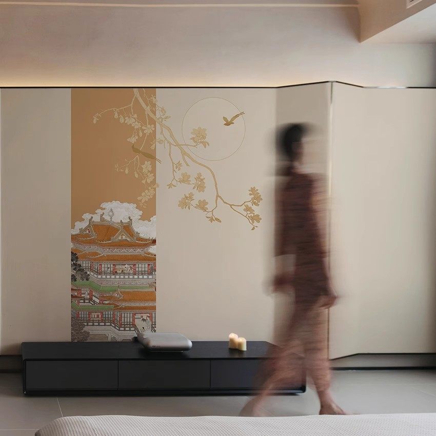 新中式手绘壁布酒店花鸟背景墙壁纸饭店格物印画玄关装修古风墙布