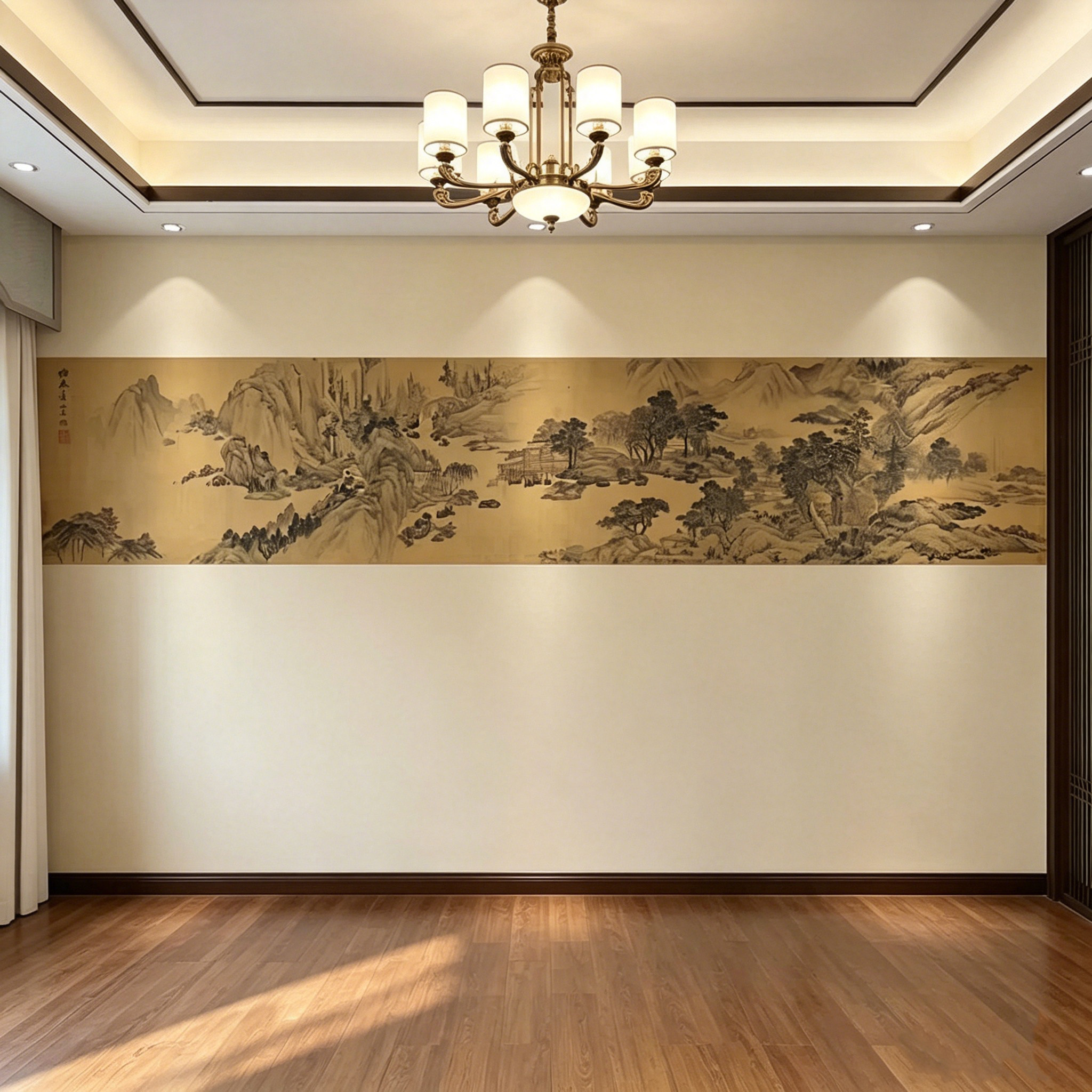 宋代美学中式古风山水画背景墙纸茶室棋牌室壁纸腰线古典壁画墙布