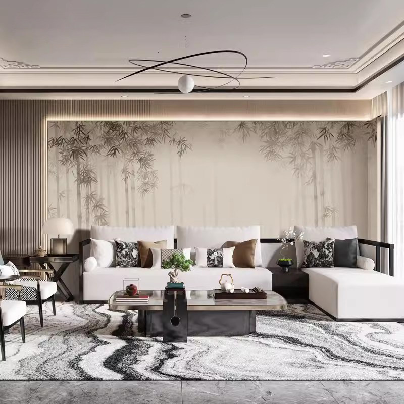 新中式客厅背景墙壁布刺绣画茶室意境中国风墙布大气水墨竹林壁纸