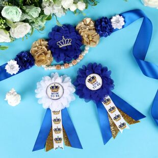 宝蓝色金葱皇冠baby shower可定制胸花腰带套装庆祝ins风拍照道具