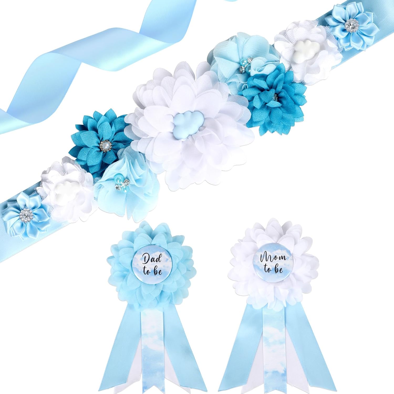 蓝色白云款丝带baby shower可定制胸花腰带套装庆祝ins风拍照道具图片