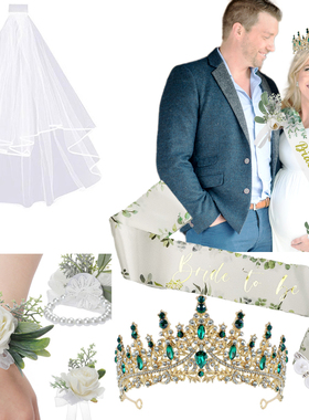 鼠尾草绿色bride to be准新娘皇冠发箍肩带徽章5件套婚礼服饰装饰