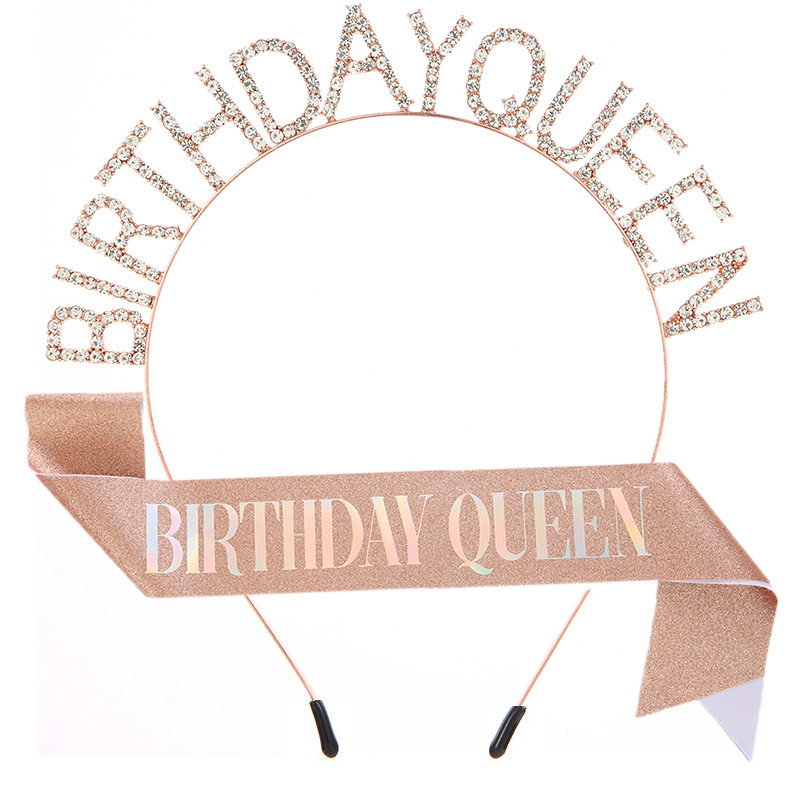 欧美时尚生日女王头箍皇冠肩带套装 birthday queen字母发箍腰带