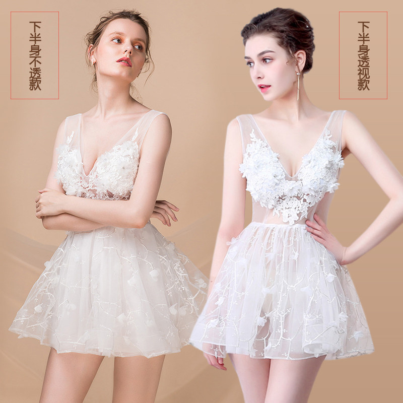 主播v领性感透纱连衣裙夏超短裙蕾丝镂空网纱车展走秀演出小礼服