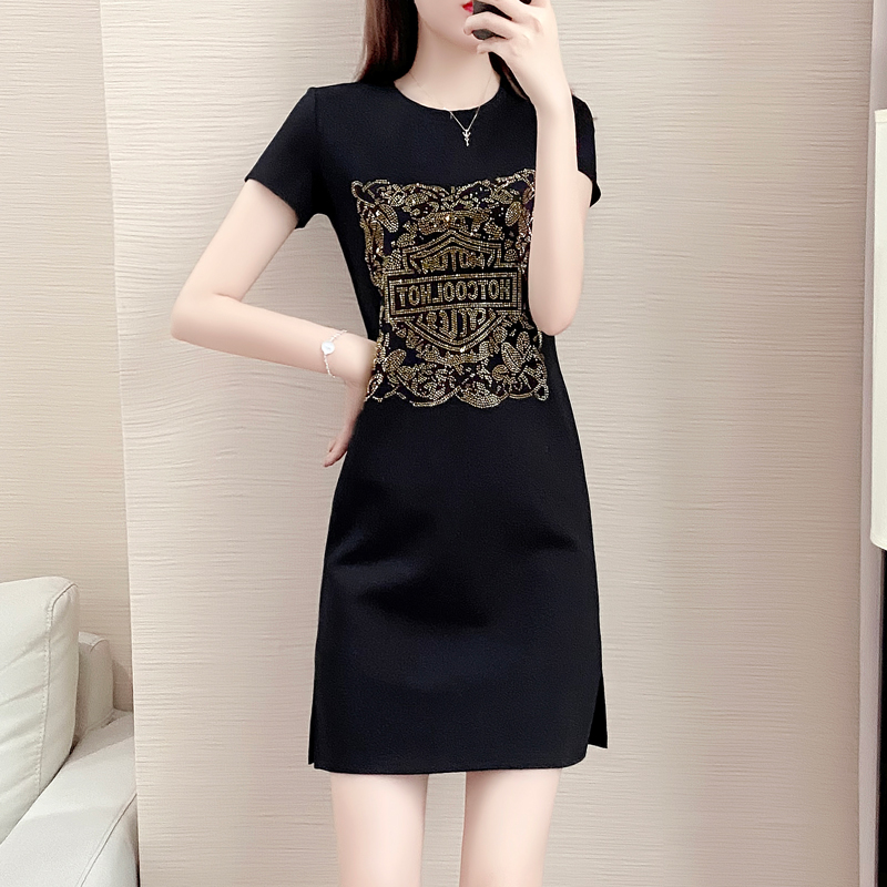 香港潮牌大码女夏新款小个子显瘦休闲直筒裙胖妹妹镶钻宽松连衣裙