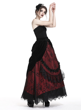 DARK IN LOVE 个性原创哥特式黑色红色波浪丝绒蕾丝长裙KW133RD