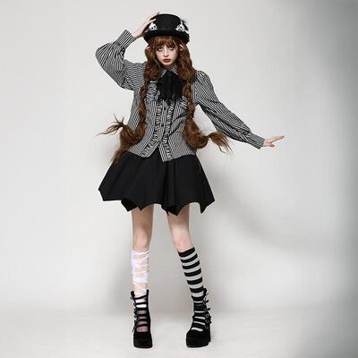 Dark in Love个性欧美哥特暗黑Lolita骷髅点缀宽松条纹衬衫IW116