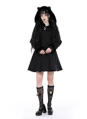 欧美个性原创黑色洛丽塔猫耳双排扣羊毛长外套JW257