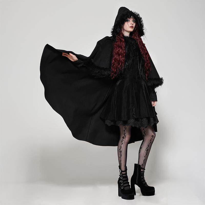 Dark in Love个性欧美哥特毛毛双面呢披风大帽子保暖外套JW275