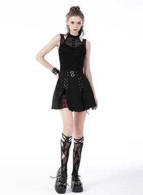 欧美个性原创朋克摇滚高腰褶皱隐藏红色格子迷你裙KW246