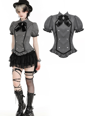DARK IN LOVE哥特女装暗黑风短袖上衣蝴蝶结收腰条纹衬衫IW111