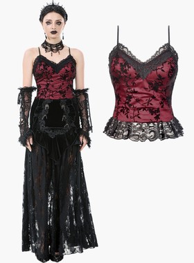 DARK IN LOVE哥特女装深红色背心带褶皱蕾丝下摆吊带TW644