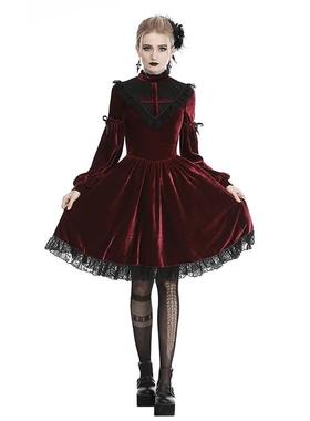欧美个性原创红色哥特式鬼血十字天鹅绒连衣裙DW448