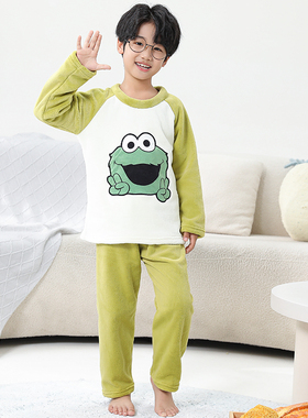男童珊瑚绒睡衣秋冬季儿童法兰绒套装男孩加绒加厚家居服宝宝冬款