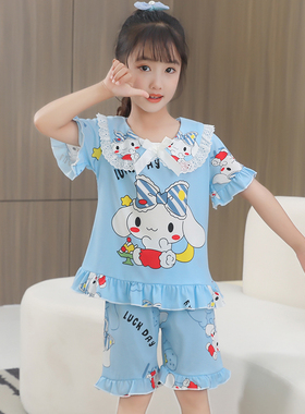 儿童睡衣花边女童小学生公主夏季薄款短袖套装卡通中大童家居服春